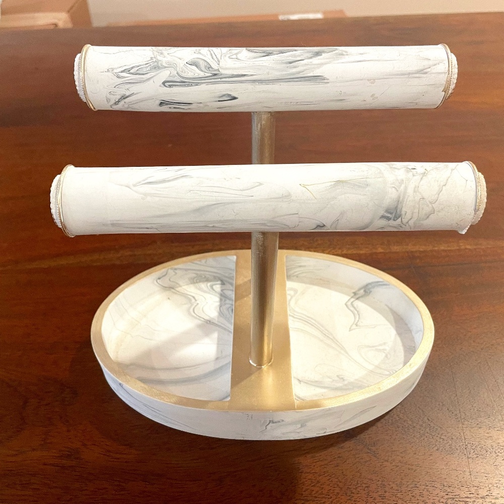 Double Jewelry Stand for Necklaces, Bracelets, Watches with Base Tray - 8" Wide